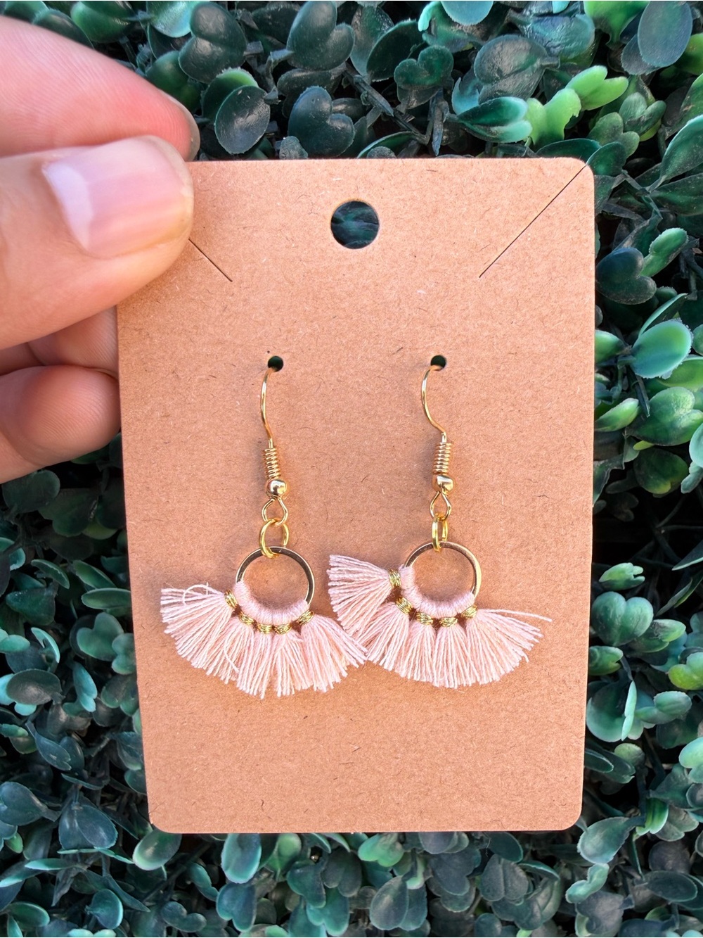 Handmade Gold Hoop Earrings with Light Pink Tassels